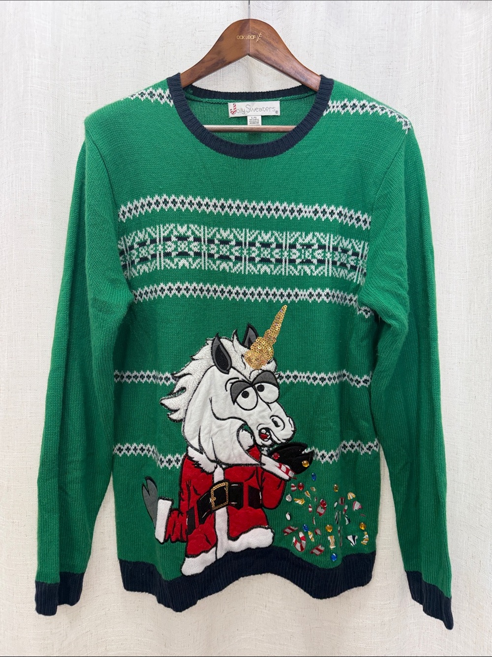 Jolly Sweaters Green Holiday Unicorn Sweater Size Large Excellent Condition